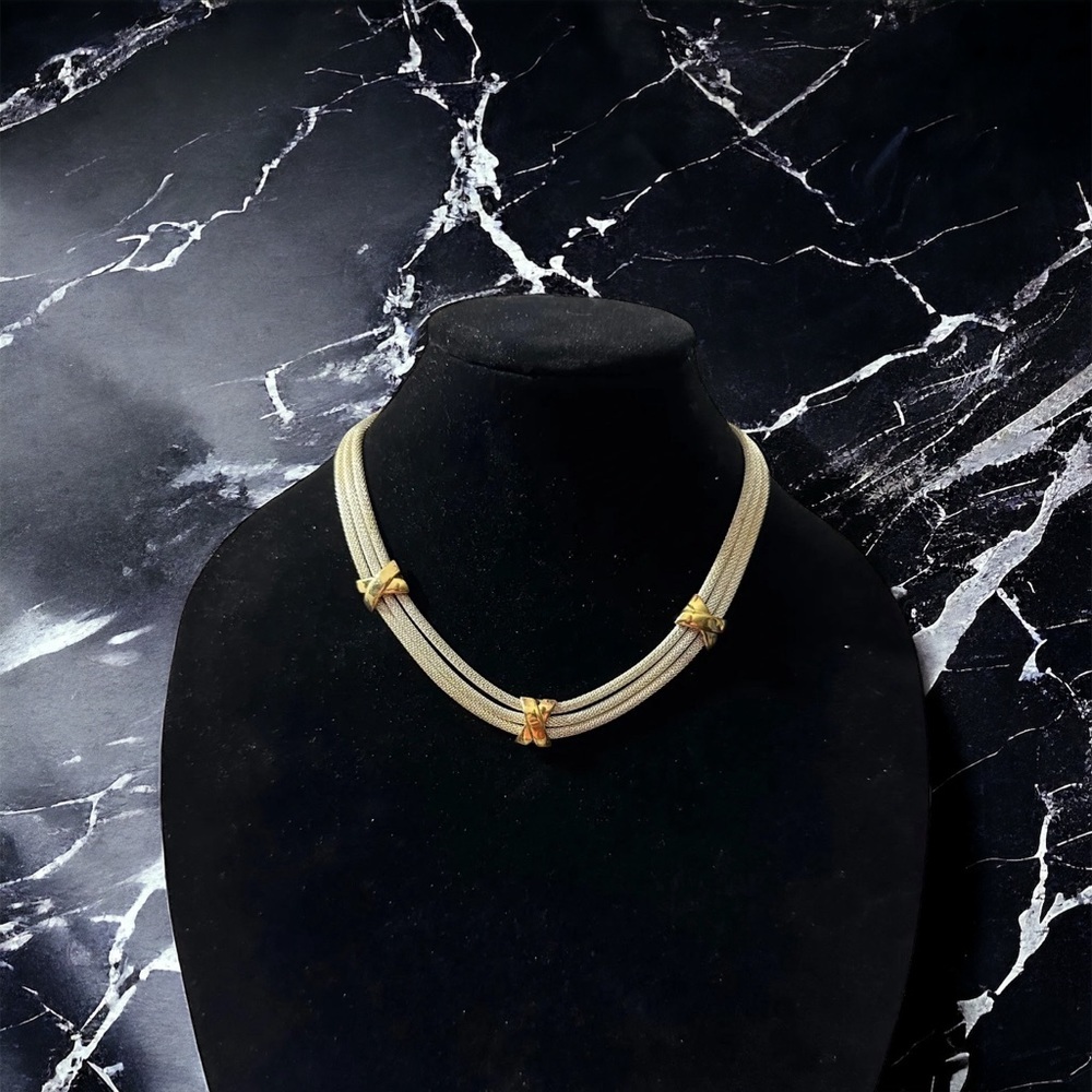 Vtg Unsigned Alice Caviness Gold Tone 3 Strand Mesh Rope Necklace X Bars 15-18 96$